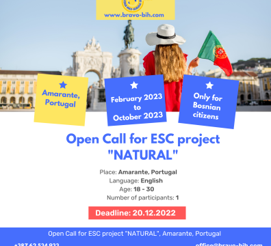  Open call for 1 participant for ESC project ”Natural” in Amarante, Portugal