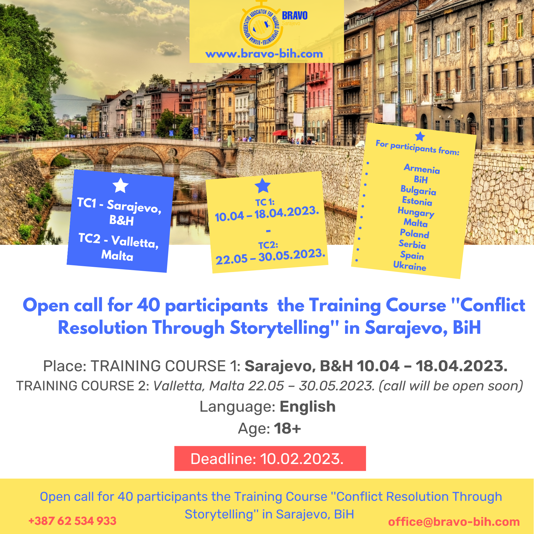 Open call for 40 participants for the Training Course ”Conflict Resolution Through Storytelling” in Sarajevo, BiH