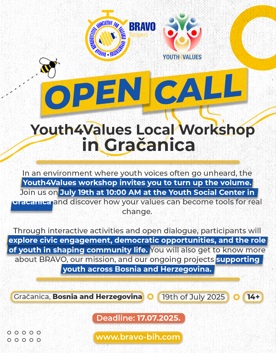 Open Call for “Youth4Values” Local Workshop in Gračanica