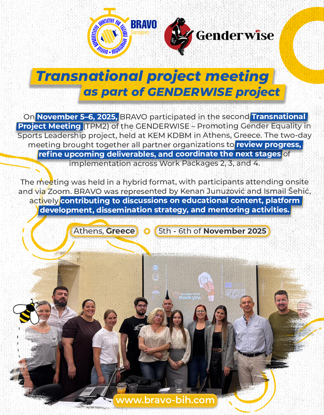 BRAVO at the Second Transnational Project Meeting of GENDERWISE in Athens, Greece