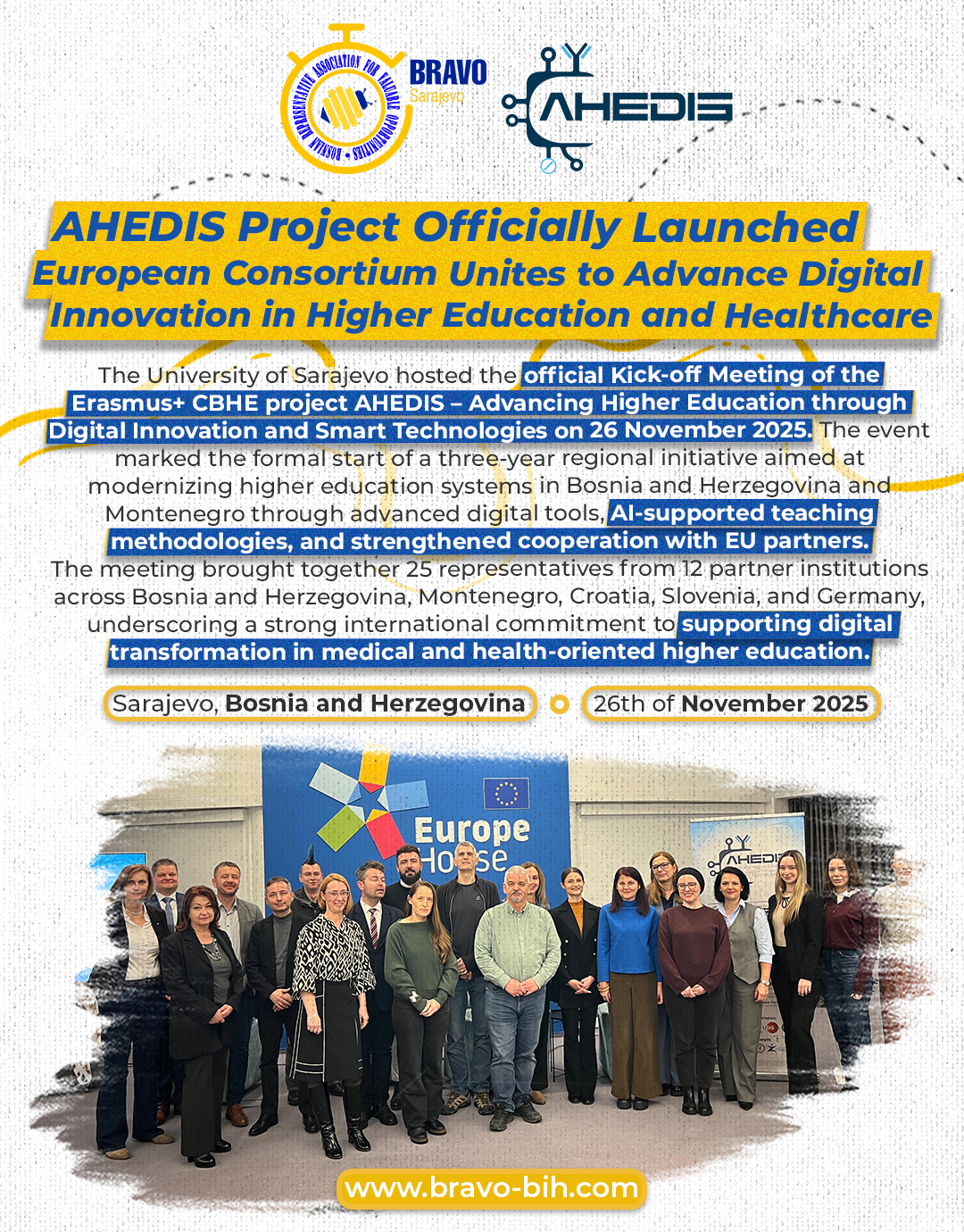 AHEDIS Project Officially Launched in Sarajevo: European Consortium Unites to Advance Digital Innovation in Higher Education and Healthcare