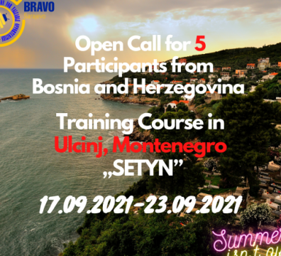 Open Call for 3 Participants from Bosnia and Herzegovina for Training Course in Ulcinj, Montenegro – „SETYN”